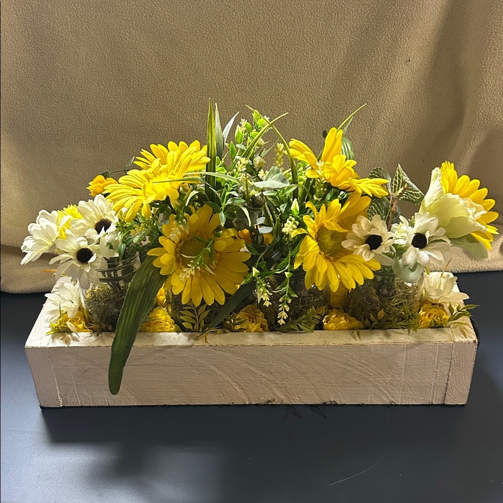 Yellow and White Floral Arrangement in Wooden Box homemade